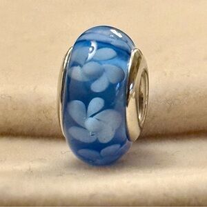 Elegant Blue Floral Murano Charm fit Pandora bracelets